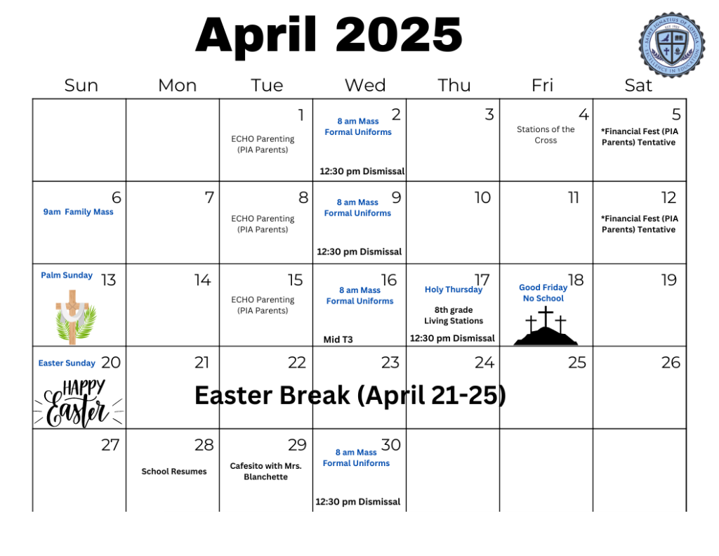 Calendar St. Ignatius Catholic School
