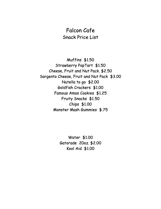 Falcon Cafe Price List