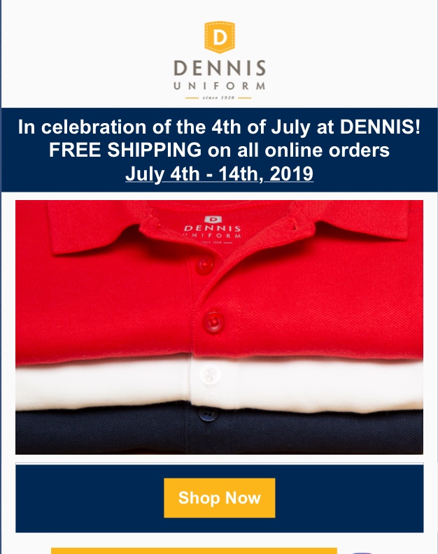 Free Shipping on Dennis Uniform until July 14th St. Ignatius Catholic