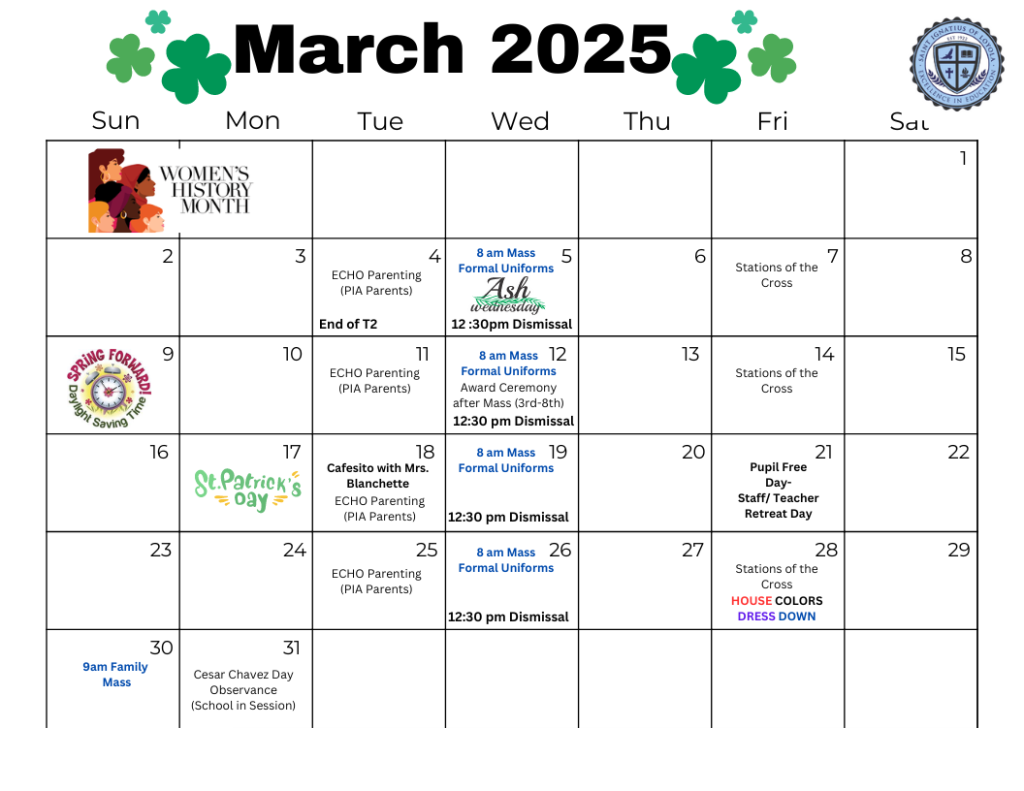 Calendar St. Ignatius Catholic School